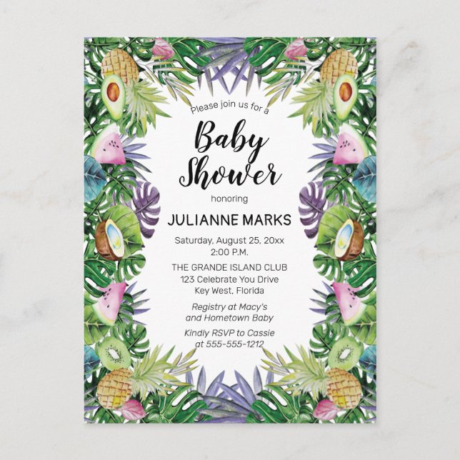 Tropisk frukt | Greenery Summer Baby Shower Inbjudan Vykort (Framsida)