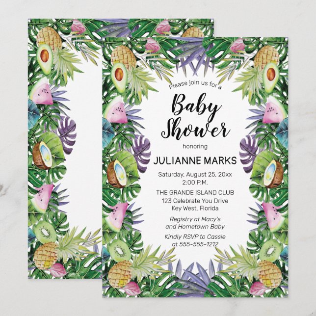 Tropisk frukt| Grey Summer Baby Shower Inbjudningar (Fram/baksida)