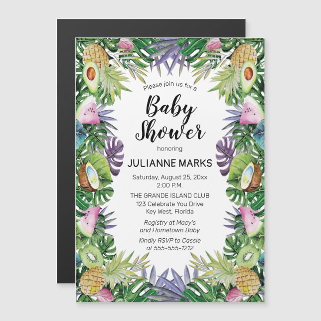 Tropisk frukt| Grey Summer Baby Shower Magnetisk Inbjudningskort (Fram/baksida)