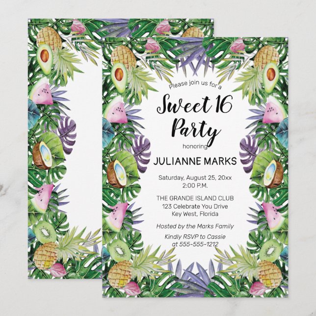 Tropisk frukt| Grönland SommarSverige 16 Party Inbjudningar (Fram/baksida)