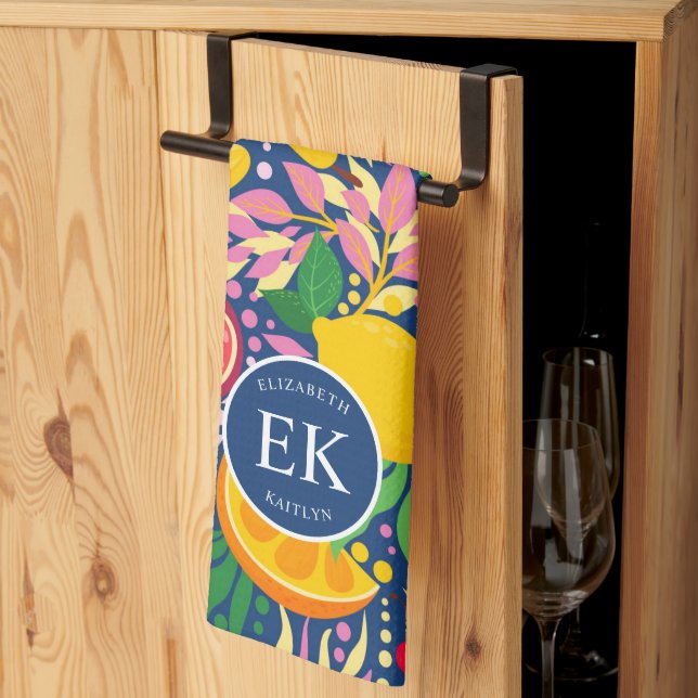 Tropisk Frukt Monogram Vattenfärg Sommar Mönster Kökshandduk (Thirds Fold)