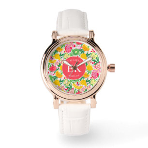 Tropisk fruktmonogram vattenfärg sommar mönster armbandsur
