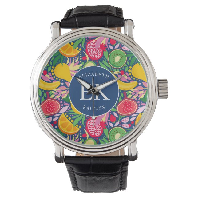 Tropisk Fruktmonogram Vattenfärgssommar Mönster Armbandsur (Framsida)