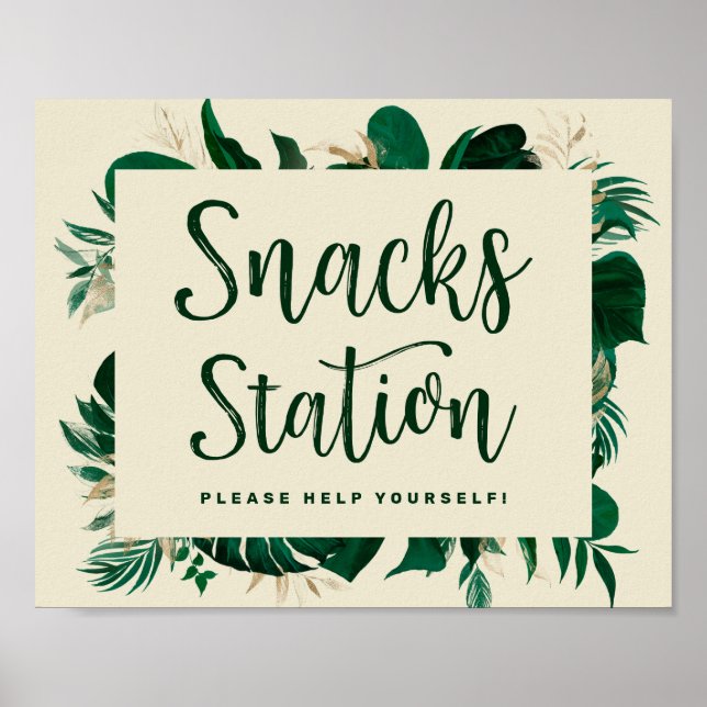 Tropisk grön bladrik snacksstation bröllopsskylt poster (Framsidan)