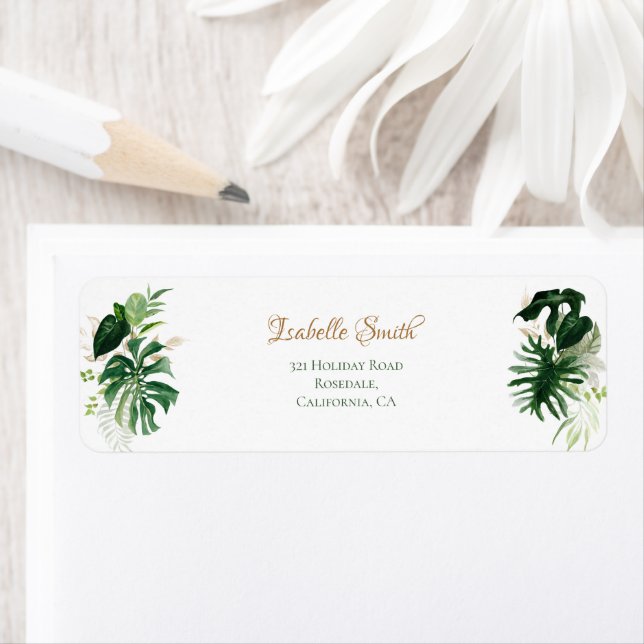 Tropisk Grön & Guld Monstera blad RSVP RTS Returadress Etikett (Insitu)