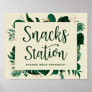 Tropisk Grön Lövverk Snabbmatstation Bröllopsskylt Poster