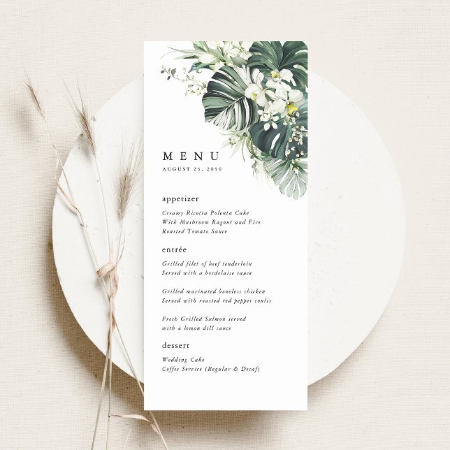 Tropisk Grön Monstera Bröllopsmottagning Meny (Sage Green Tropical Wedding Menu Card, Monstera Orchid Reception Table Menu, Destination Beach Menu)