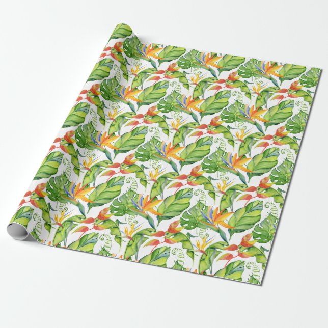 Tropisk Grön Monstera & Orange blad Vattenfärg Presentpapper (Utrullad)
