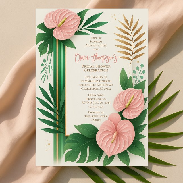 Tropisk grön och rosafärgad blomsterbröllopsdusch inbjudningar (Tropical Green and Blush Floral Bridal Shower Invitation
)