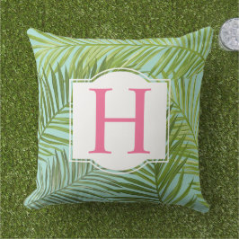 Tropisk Grön Palmblad Aqua Monogram Initial Kudde