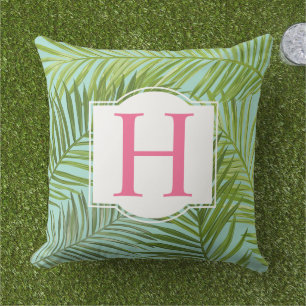 Tropisk Grön Palmblad Aqua Monogram Initial Kudde