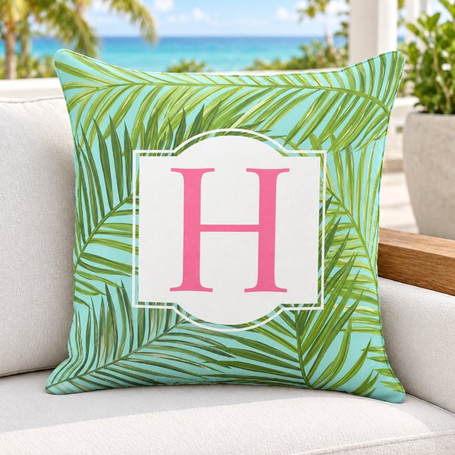 Tropisk Grön Palmblad Aqua Monogram Initial Kudde (Skapare uppladdad)