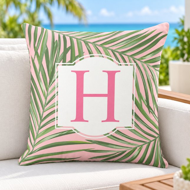 Tropisk Grön Palmblad Rosa Monogram Initial Kudde (Skapare uppladdad)