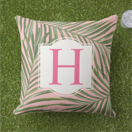 Tropisk Grön Palmblad Rosa Monogram Initial Kudde