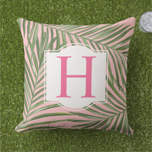 Tropisk Grön Palmblad Rosa Monogram Initial Kudde