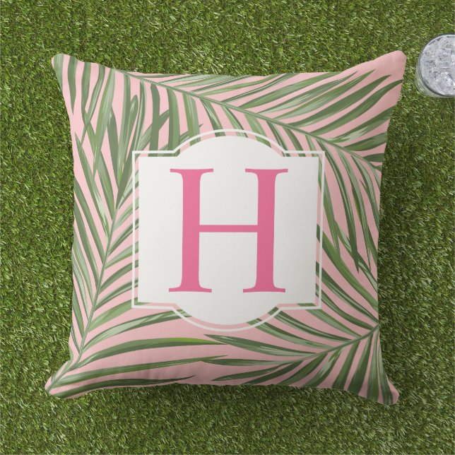 Tropisk Grön Palmblad Rosa Monogram Initial Kudde (Gräs)