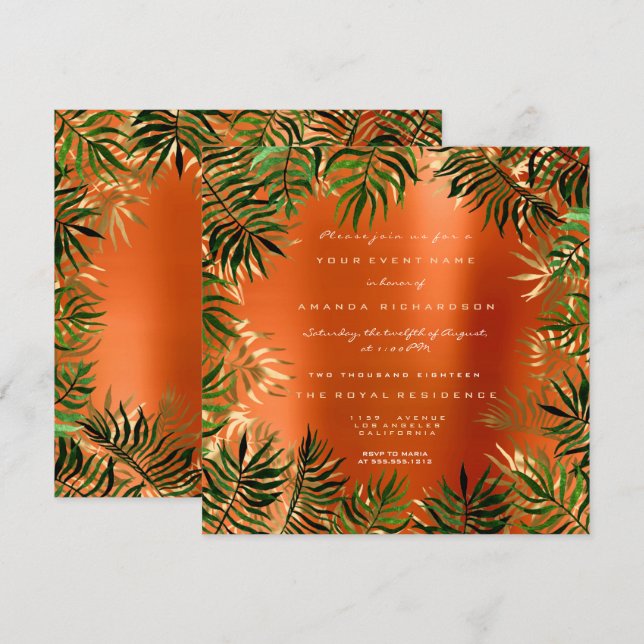 Tropisk grön palmlöv ram orange korallguld inbjudningar (Fram/baksida)