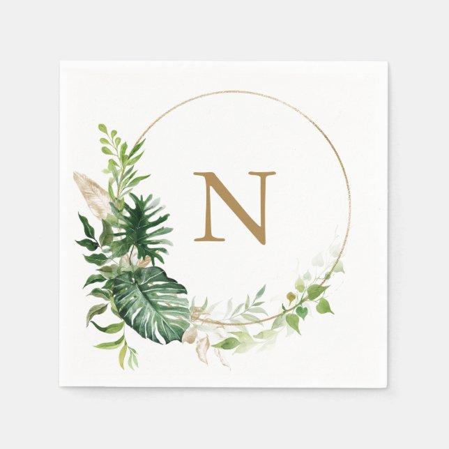 Tropisk Grönska Guldmonogram Bröllop Pappersservett (Framsidan)