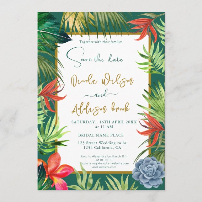 Tropisk grönska palm guldskrift inbjudningar (Framsida)