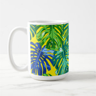 Tropisk Grönt Blue Gult Monstera Jungle Lövs Kaffemugg
