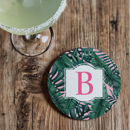 Tropisk Grönt Handflatan Lämnar Rosa Monogram Underlägg