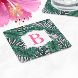 Tropisk Grönt Handflatan Lämnar Rosa Monogram Underlägg Papper Kvadrat