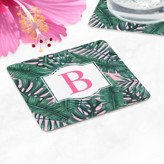 Tropisk Grönt Handflatan Lämnar Rosa Monogram Underlägg Papper Kvadrat (Skapare uppladdad)
