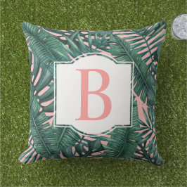 Tropisk Grönt Handflatan Lövs Coral Monogram Kudde