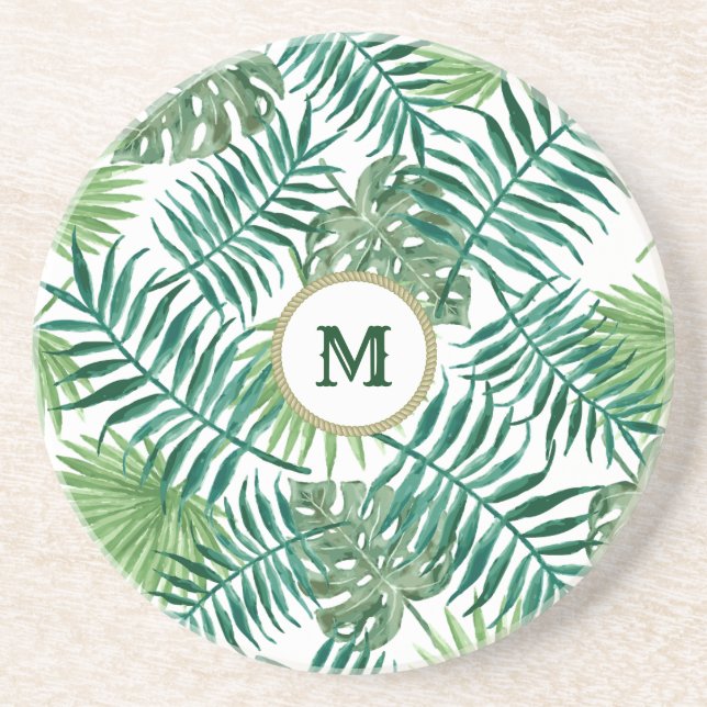 Tropisk Grönt Löv med Anpassningsbar Monogram Underlägg (Framsidan)