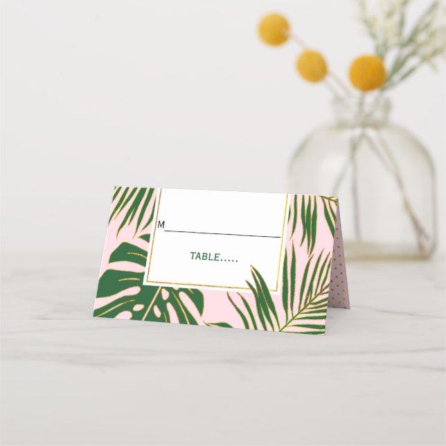 Tropisk grönt löv rosa bröllop-eskort placeringskort (Framsida)