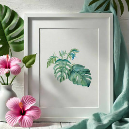Tropisk Grönt Monstera Handflatan Löv Watercolor Poster