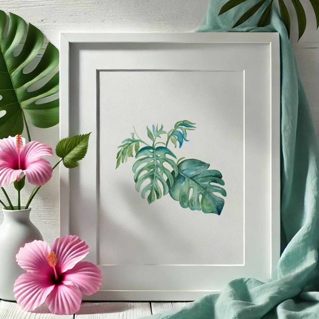 Tropisk Grönt Monstera Handflatan Löv Watercolor Poster (Watercolor art monstera palm leaves by Victoria Grigaliunas of Do Tell A Belle)
