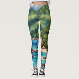 Tropisk Grönt och Blue Seychelles Beach Leggings