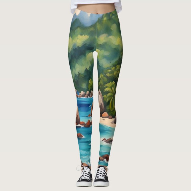 Tropisk Grönt och Blue Seychelles Beach Leggings (Framsida)