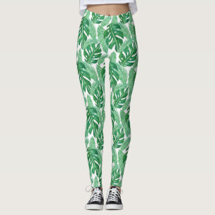 Tropisk Grönt vid Monstera Löv Mönster och vit Leggings