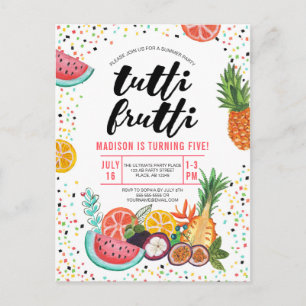 Tropisk gul flerfärgad Tutti Frutti-frukt Inbjudan Vykort
