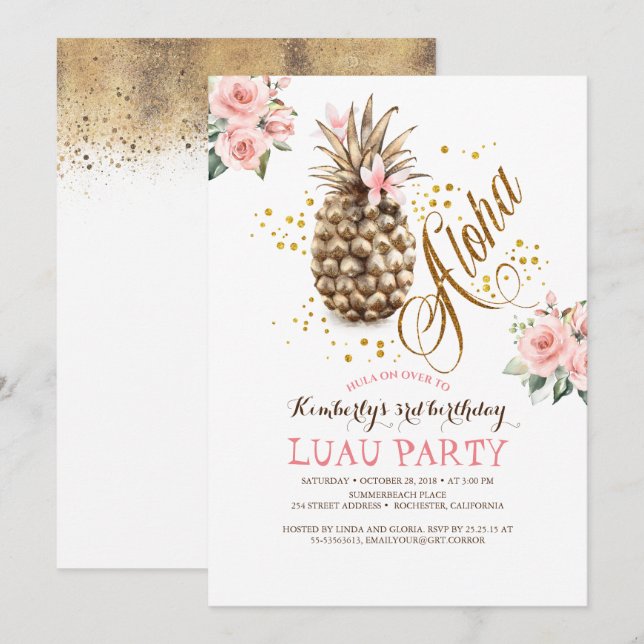 Tropisk Guld-panas-Rosa-Blommigt Luau-födelsedagen Inbjudningar (Fram/baksida)