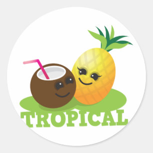 TROPISK gullig Kawaii kokosnöt och ananas Runt Klistermärke