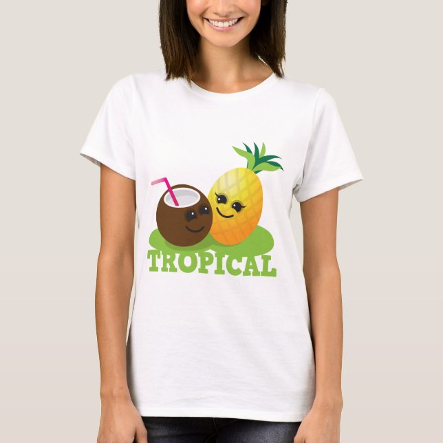 TROPISK gullig Kawaii kokosnöt och ananas Tee (Framsida)