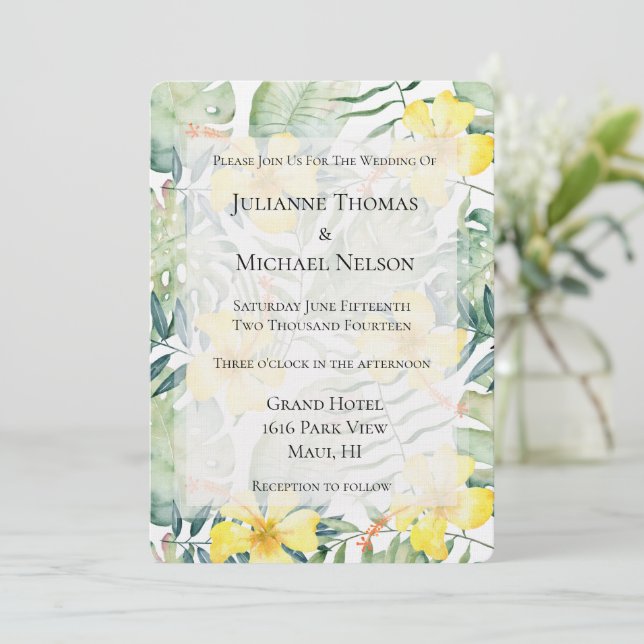 Tropisk Gult Hibiscus Blommigt Bröllop Inbjudningar (Stående Fram)