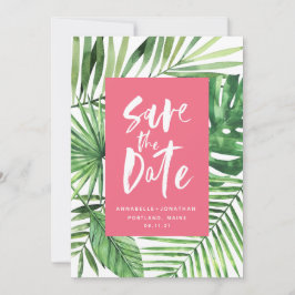 Tropisk handflatan löv och skript vattenfärgsfärga spara datumet