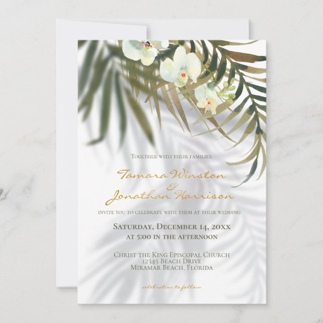 Tropisk Handflatan och orchid Shadows Beach Weddin Inbjudningar (Framsida)