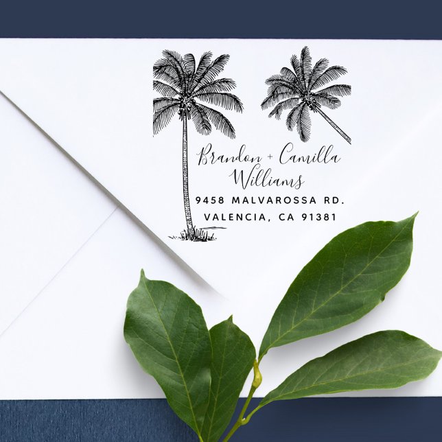 Tropisk Handflatan Träd, gift par Returadress Självfärgande Stämpel (elegant handwriting tropical palm tree married couple return address stamp)