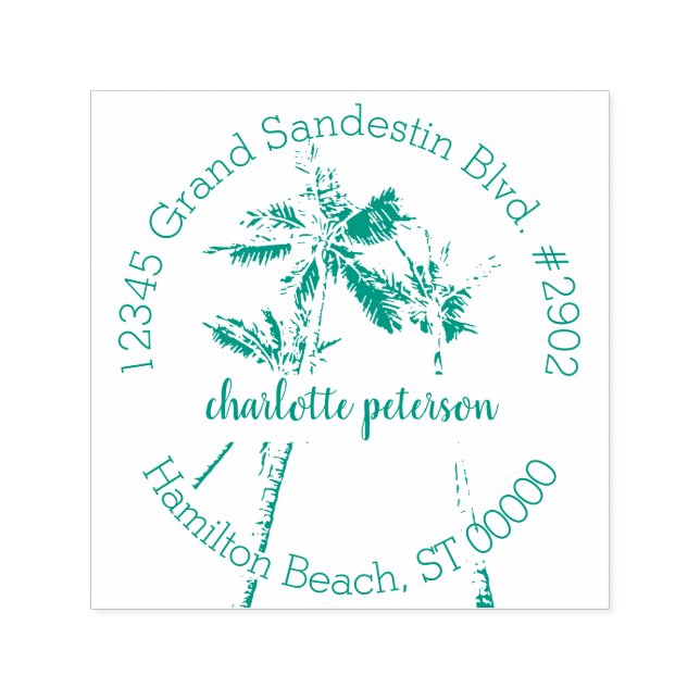 Tropisk Handflatan Träd Hand Lettered Returadress Självfärgande Stämpel (Design)