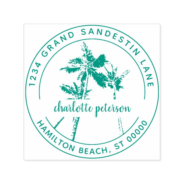 Tropisk Handflatan Träd Hand Lettered Returadress Självfärgande Stämpel (Design)