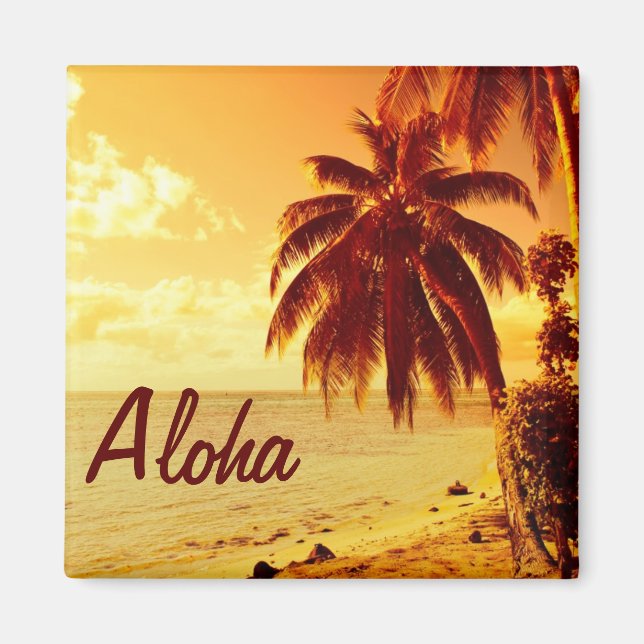 Tropisk handflatan träd vid sunset Aloha magnet (Framsidan)