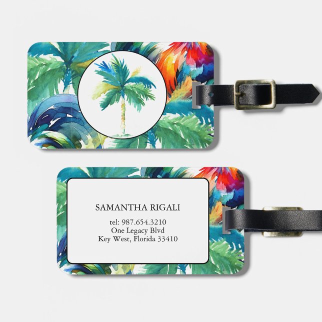Tropisk Handflatan Träd Watercolor Monogrammed Bagagebricka (Luggage tags tropical palm trees watercolor art by Victoria Grigaliunas of Do Tell A Belle)
