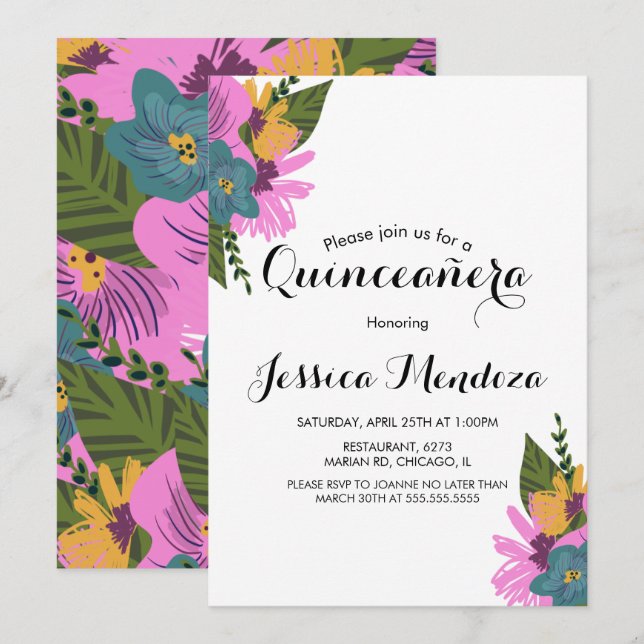 Tropisk Handritad Blommig Quinceañera Sweet 16  Inbjudningar (Fram/baksida)