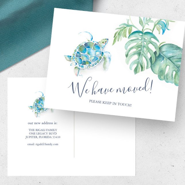 Tropisk havssköldpadda botanisk flyttningsannons vykort (Change of address cards feature watercolor sea turtle and palm leaf art by Victoria Grigaliunas)