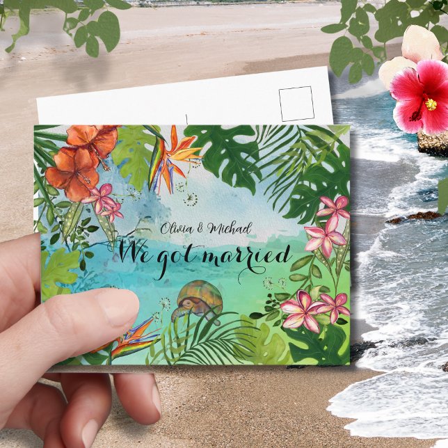 Tropisk havssköldpadda Vi är gifta vykort (Tropical Sea Turtle We Got Married Postcard)